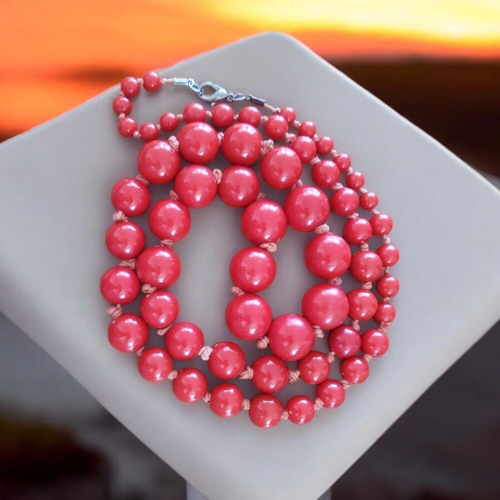 Vintage Japanese Cherry Red Lucite Necklace 38" Hand Knotted